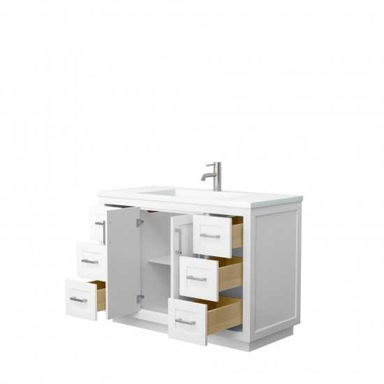 48 Inch Single Bathroom Vanity in White, 1.25 Inch Thick White Solid Surface Countertop, Sink, Nickel Trim