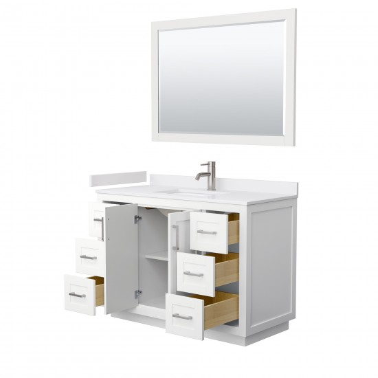 48 Inch Single Bathroom Vanity in White, White Cultured Marble Countertop, Sink, Nickel Trim, 46 Inch Mirror