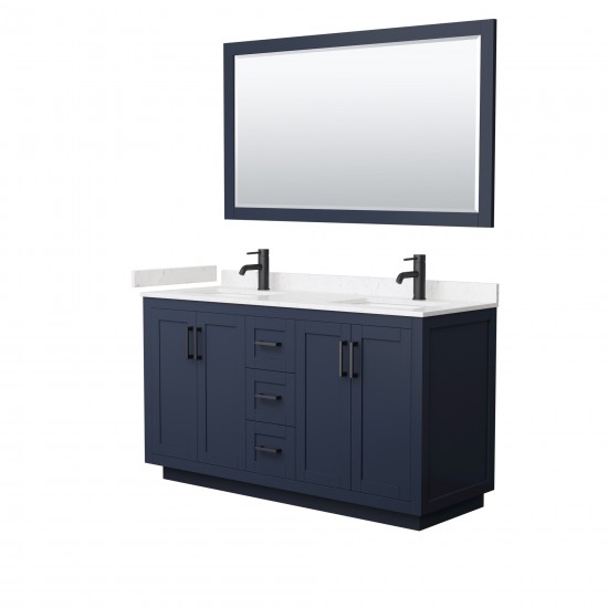 60 Inch Double Bathroom Vanity in Dark Blue, Light-Vein Carrara Cultured Marble Countertop, Sinks, Black Trim, 58 Inch Mirror