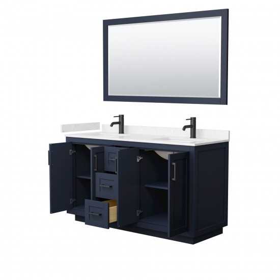 60 Inch Double Bathroom Vanity in Dark Blue, Light-Vein Carrara Cultured Marble Countertop, Sinks, Black Trim, 58 Inch Mirror