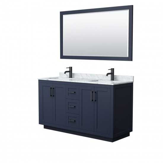 60 Inch Double Bathroom Vanity in Dark Blue, White Carrara Marble Countertop, Sinks, Black Trim, 58 Inch Mirror