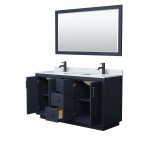 60 Inch Double Bathroom Vanity in Dark Blue, White Carrara Marble Countertop, Sinks, Black Trim, 58 Inch Mirror