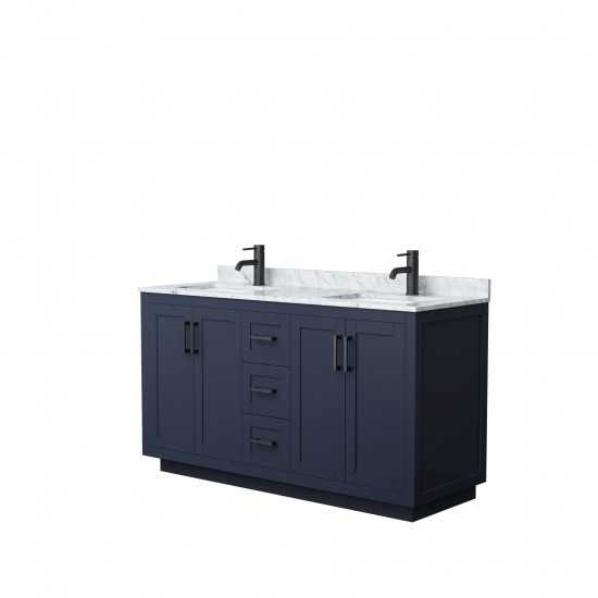 60 Inch Double Bathroom Vanity in Dark Blue, White Carrara Marble Countertop, Sinks, Black Trim