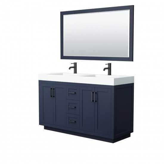 60 Inch Double Bathroom Vanity in Dark Blue, 4 Inch Thick White Solid Surface Countertop, Sinks, Black Trim, 58 Inch Mirror