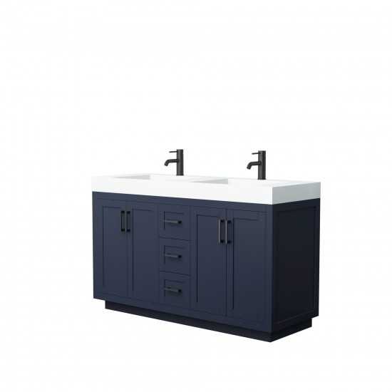 60 Inch Double Bathroom Vanity in Dark Blue, 4 Inch Thick White Solid Surface Countertop, Sinks, Black Trim