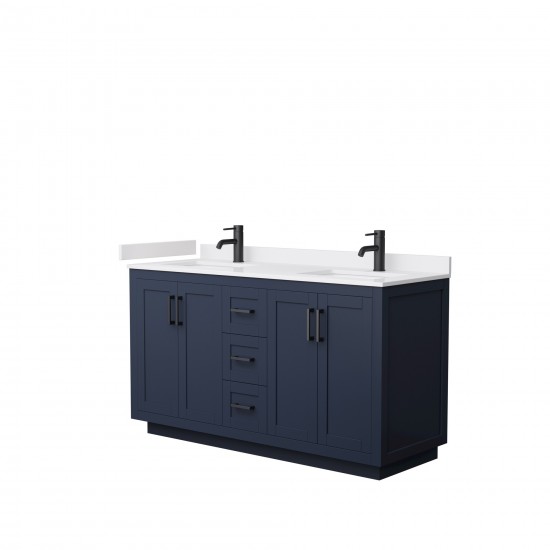 60 Inch Double Bathroom Vanity in Dark Blue, White Cultured Marble Countertop, Sinks, Black Trim