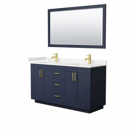 60 Inch Double Bathroom Vanity in Dark Blue, Light-Vein Carrara Cultured Marble Countertop, Sinks, Gold Trim, 58 Inch Mirror