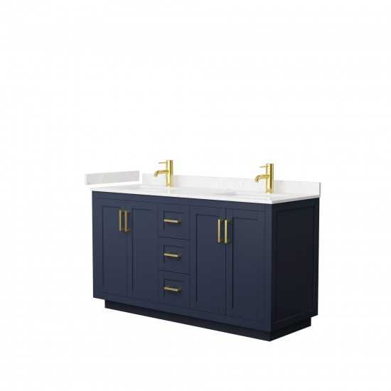 60 Inch Double Bathroom Vanity in Dark Blue, Light-Vein Carrara Cultured Marble Countertop, Sinks, Gold Trim