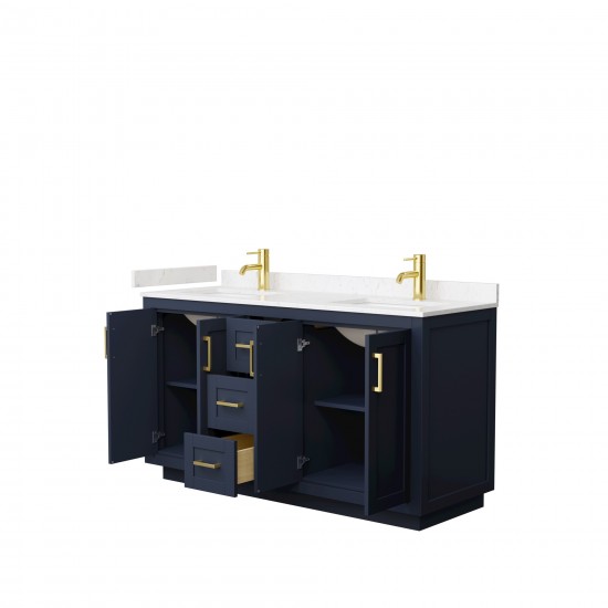 60 Inch Double Bathroom Vanity in Dark Blue, Light-Vein Carrara Cultured Marble Countertop, Sinks, Gold Trim