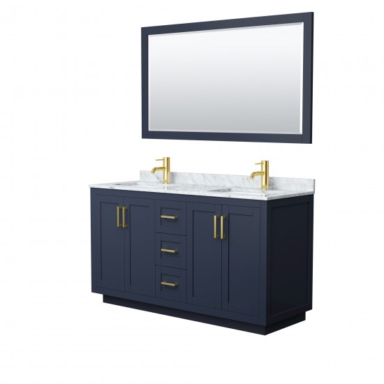 60 Inch Double Bathroom Vanity in Dark Blue, White Carrara Marble Countertop, Sinks, Gold Trim, 58 Inch Mirror