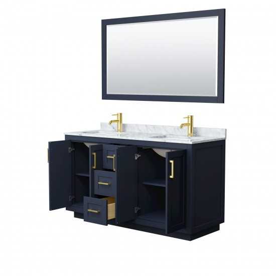 60 Inch Double Bathroom Vanity in Dark Blue, White Carrara Marble Countertop, Sinks, Gold Trim, 58 Inch Mirror