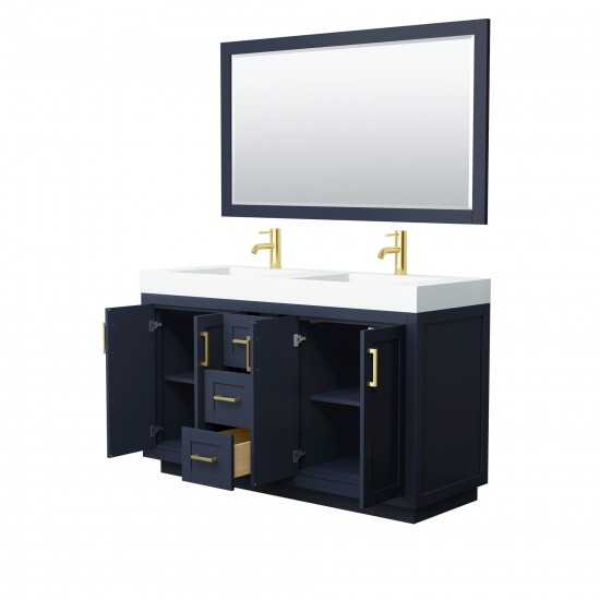 60 Inch Double Bathroom Vanity in Dark Blue, 4 Inch Thick White Solid Surface Countertop, Sinks, Gold Trim, 58 Inch Mirror