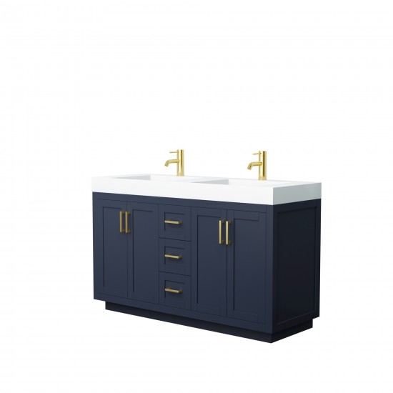 60 Inch Double Bathroom Vanity in Dark Blue, 4 Inch Thick White Solid Surface Countertop, Sinks, Gold Trim