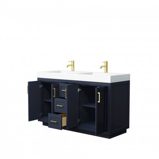 60 Inch Double Bathroom Vanity in Dark Blue, 4 Inch Thick White Solid Surface Countertop, Sinks, Gold Trim