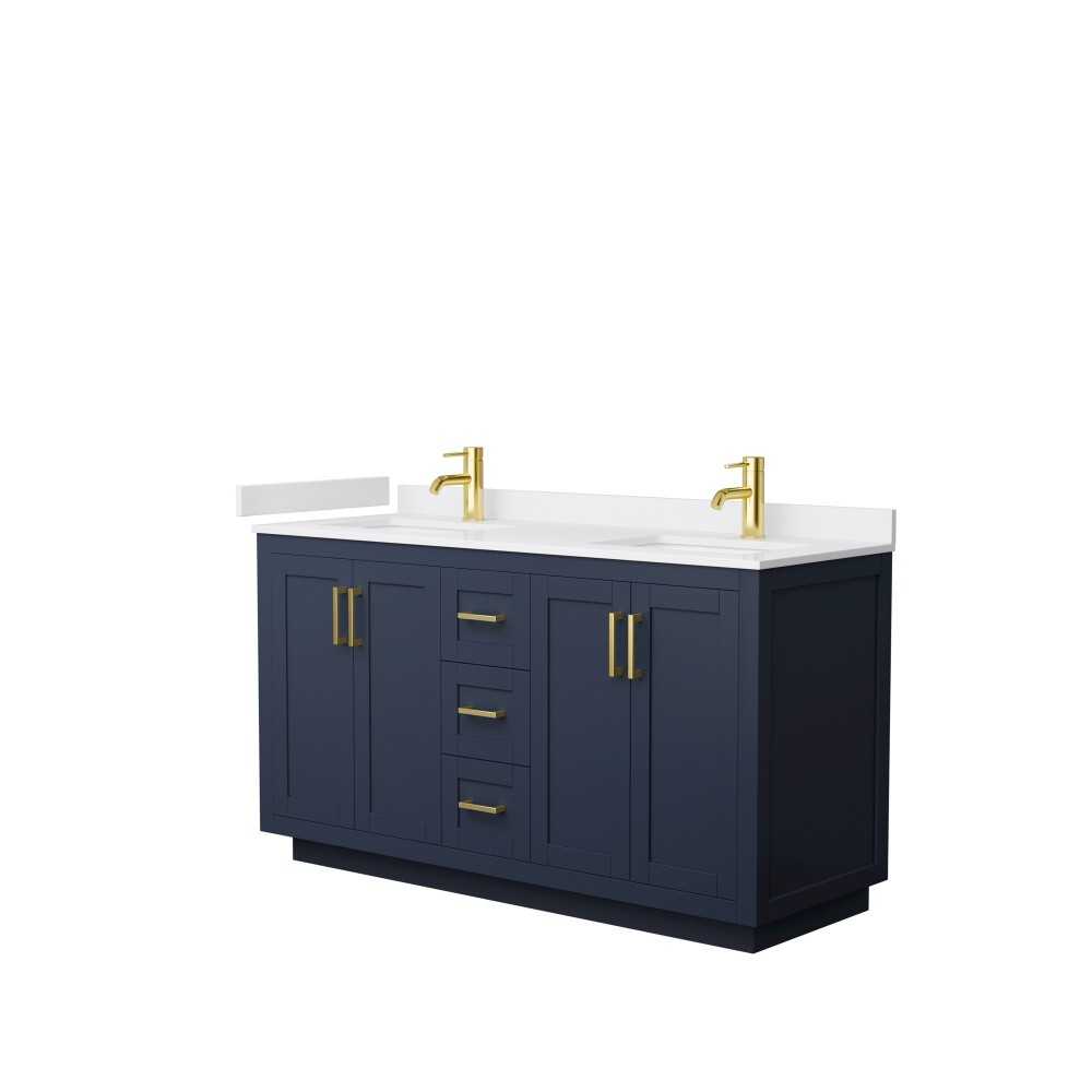 60 Inch Double Bathroom Vanity in Dark Blue, White Cultured Marble Countertop, Sinks, Gold Trim