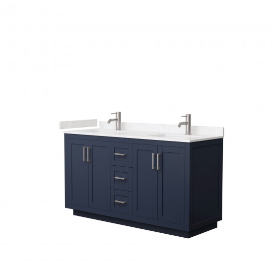 60 Inch Double Bathroom Vanity in Dark Blue, Light-Vein Carrara Cultured Marble Countertop, Sinks, Nickel Trim