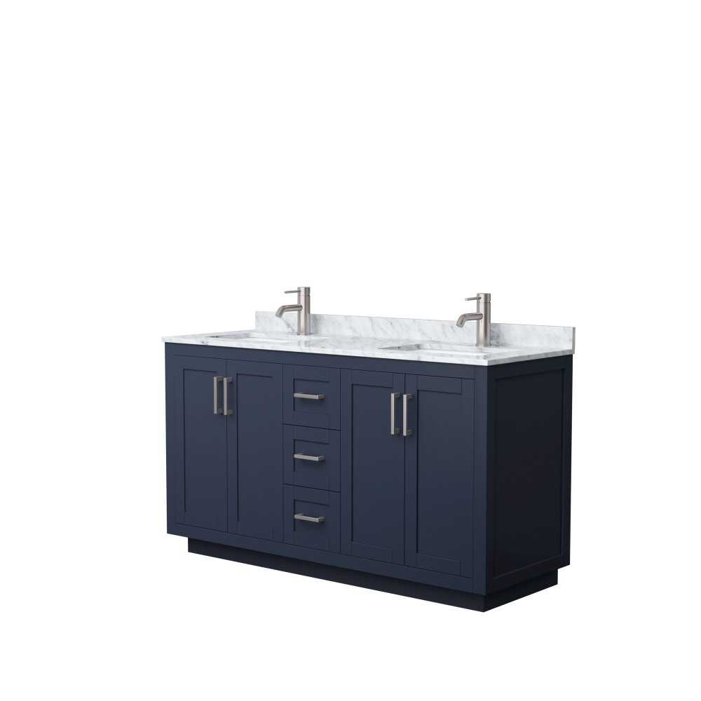 60 Inch Double Bathroom Vanity in Dark Blue, White Carrara Marble Countertop, Sinks, Nickel Trim