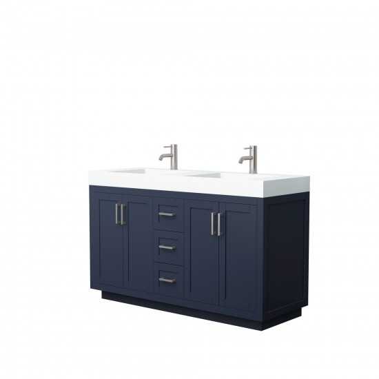 60 Inch Double Bathroom Vanity in Dark Blue, 4 Inch Thick White Solid Surface Countertop, Sinks, Nickel Trim