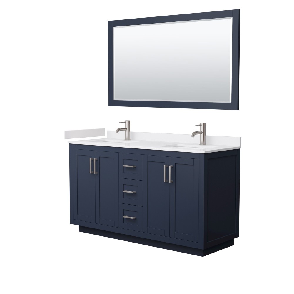 60 Inch Double Bathroom Vanity in Dark Blue, White Cultured Marble Countertop, Sinks, Nickel Trim, 58 Inch Mirror