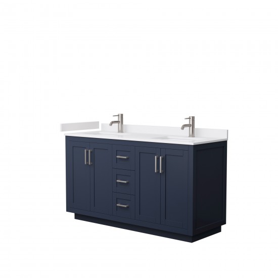 60 Inch Double Bathroom Vanity in Dark Blue, White Cultured Marble Countertop, Sinks, Nickel Trim