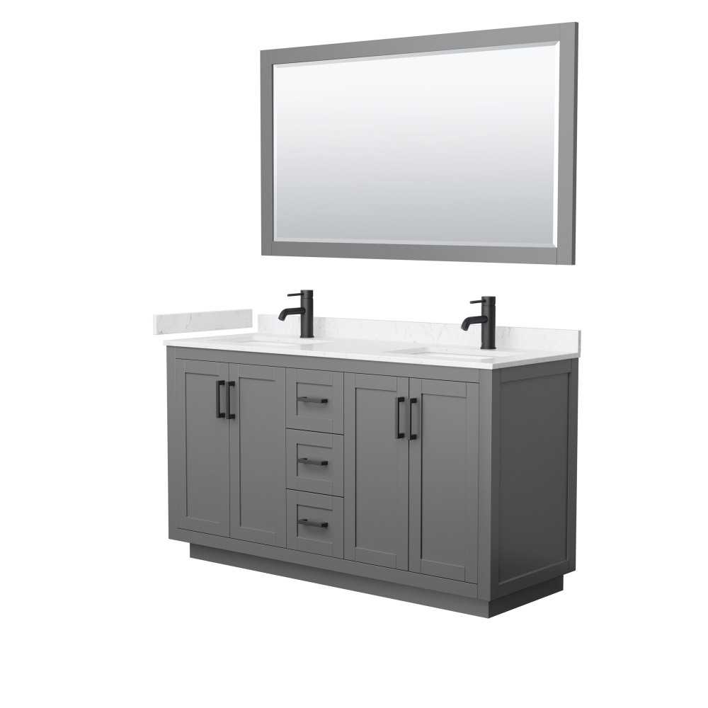 60 Inch Double Bathroom Vanity in Dark Gray, Light-Vein Carrara Cultured Marble Countertop, Sinks, Black Trim, 58 Inch Mirror