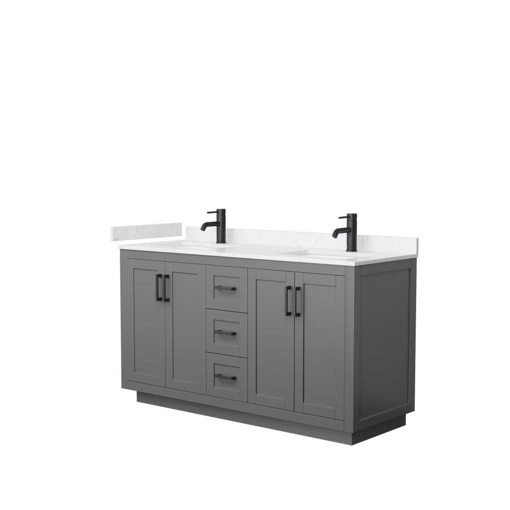 60 Inch Double Bathroom Vanity in Dark Gray, Light-Vein Carrara Cultured Marble Countertop, Sinks, Black Trim