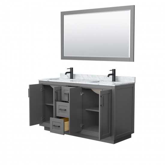 60 Inch Double Bathroom Vanity in Dark Gray, White Carrara Marble Countertop, Sinks, Black Trim, 58 Inch Mirror