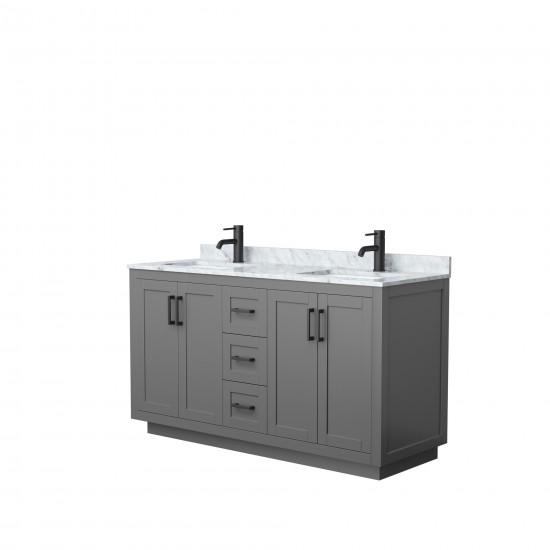 60 Inch Double Bathroom Vanity in Dark Gray, White Carrara Marble Countertop, Sinks, Black Trim