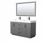 60 Inch Double Bathroom Vanity in Dark Gray, 4 Inch Thick White Solid Surface Countertop, Sinks, Black Trim, 58 Inch Mirror