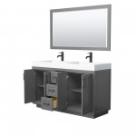 60 Inch Double Bathroom Vanity in Dark Gray, 4 Inch Thick White Solid Surface Countertop, Sinks, Black Trim, 58 Inch Mirror