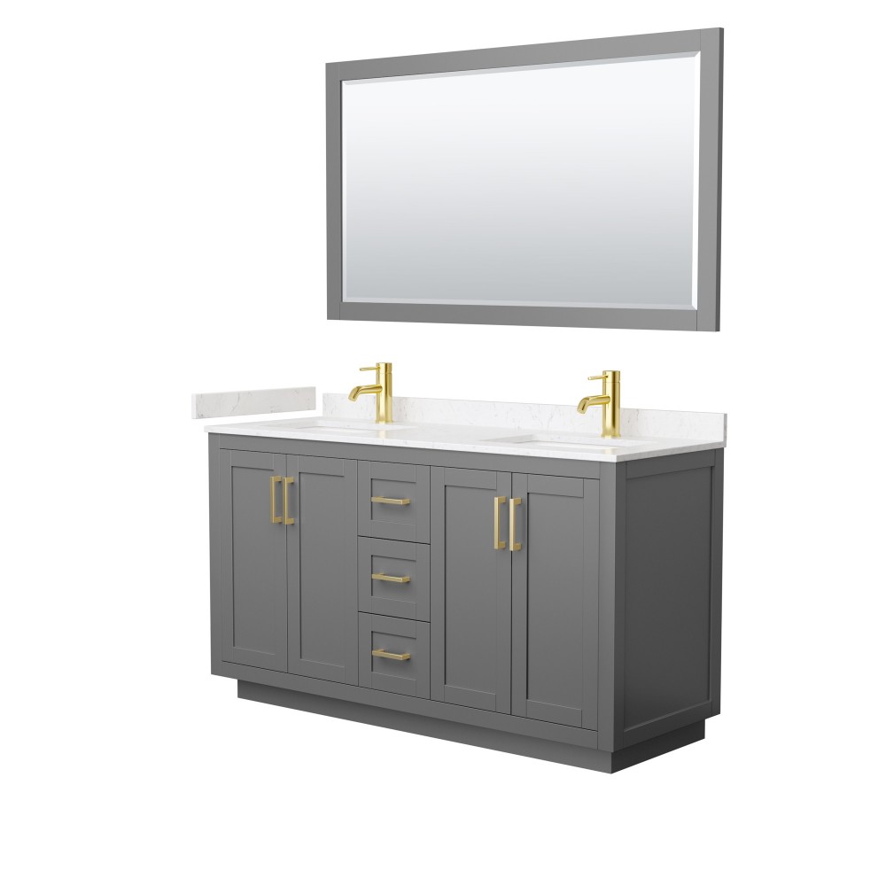 60 Inch Double Bathroom Vanity in Dark Gray, Light-Vein Carrara Cultured Marble Countertop, Sinks, Gold Trim, 58 Inch Mirror