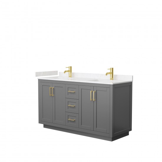 60 Inch Double Bathroom Vanity in Dark Gray, Light-Vein Carrara Cultured Marble Countertop, Sinks, Gold Trim