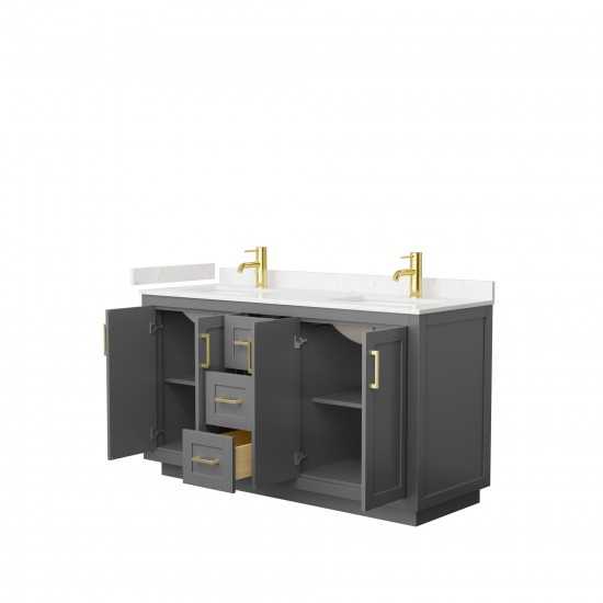 60 Inch Double Bathroom Vanity in Dark Gray, Light-Vein Carrara Cultured Marble Countertop, Sinks, Gold Trim