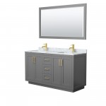 60 Inch Double Bathroom Vanity in Dark Gray, White Carrara Marble Countertop, Sinks, Gold Trim, 58 Inch Mirror