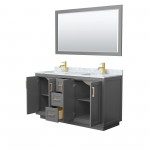 60 Inch Double Bathroom Vanity in Dark Gray, White Carrara Marble Countertop, Sinks, Gold Trim, 58 Inch Mirror