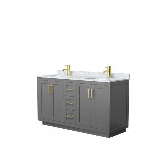 60 Inch Double Bathroom Vanity in Dark Gray, White Carrara Marble Countertop, Sinks, Gold Trim