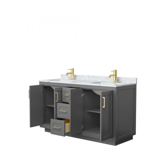 60 Inch Double Bathroom Vanity in Dark Gray, White Carrara Marble Countertop, Sinks, Gold Trim