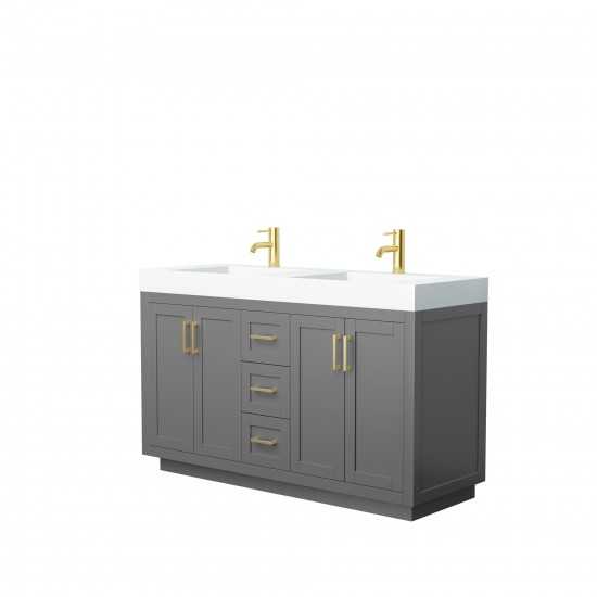 60 Inch Double Bathroom Vanity in Dark Gray, 4 Inch Thick White Solid Surface Countertop, Sinks, Gold Trim