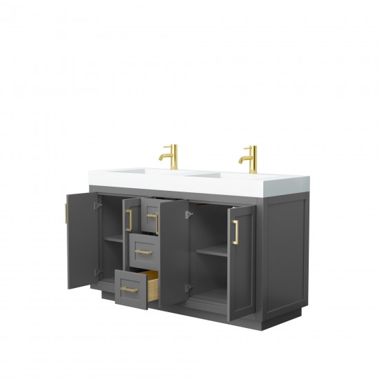 60 Inch Double Bathroom Vanity in Dark Gray, 4 Inch Thick White Solid Surface Countertop, Sinks, Gold Trim