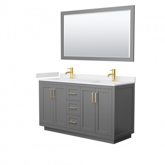 60 Inch Double Bathroom Vanity in Dark Gray, White Cultured Marble Countertop, Sinks, Gold Trim, 58 Inch Mirror