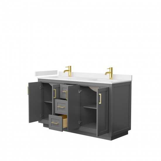 60 Inch Double Bathroom Vanity in Dark Gray, White Cultured Marble Countertop, Sinks, Gold Trim