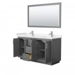 60 Inch Double Bathroom Vanity in Dark Gray, Light-Vein Carrara Cultured Marble Countertop, Sinks, Nickel Trim, 58 Inch Mirro