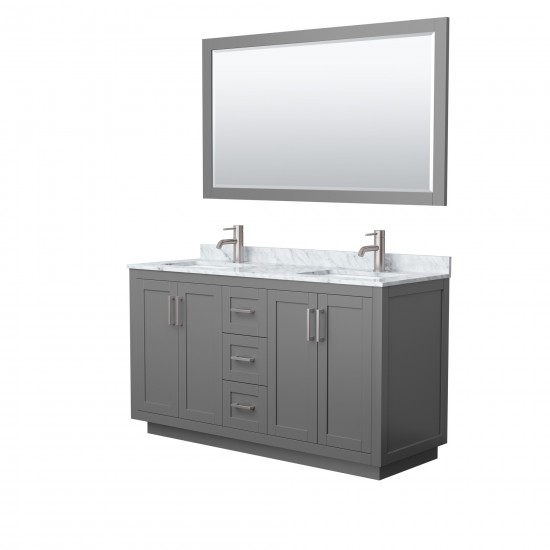 60 Inch Double Bathroom Vanity in Dark Gray, White Carrara Marble Countertop, Sinks, Nickel Trim, 58 Inch Mirror