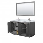 60 Inch Double Bathroom Vanity in Dark Gray, White Carrara Marble Countertop, Sinks, Nickel Trim, 58 Inch Mirror