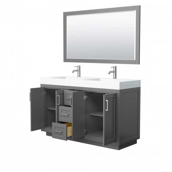 60 Inch Double Bathroom Vanity in Dark Gray, 4 Inch Thick White Solid Surface Countertop, Sinks, Nickel Trim, 58 Inch Mirror