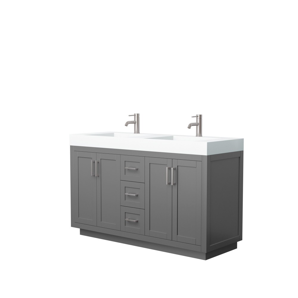 60 Inch Double Bathroom Vanity in Dark Gray, 4 Inch Thick White Solid Surface Countertop, Sinks, Nickel Trim