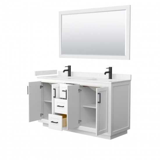 60 Inch Double Bathroom Vanity in White, Light-Vein Carrara Cultured Marble Countertop, Sinks, Black Trim, 58 Inch Mirror