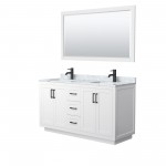 60 Inch Double Bathroom Vanity in White, White Carrara Marble Countertop, Sinks, Black Trim, 58 Inch Mirror