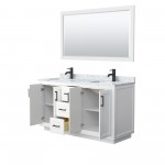 60 Inch Double Bathroom Vanity in White, White Carrara Marble Countertop, Sinks, Black Trim, 58 Inch Mirror