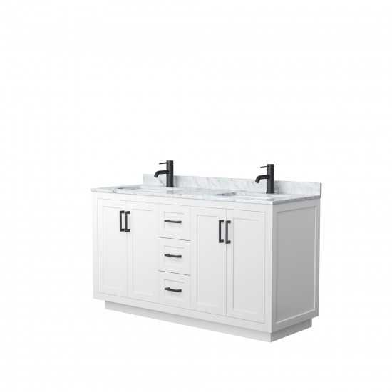 60 Inch Double Bathroom Vanity in White, White Carrara Marble Countertop, Sinks, Black Trim